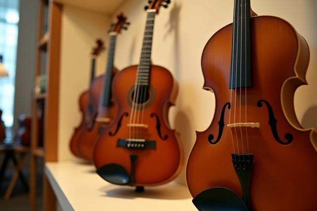 Guitare acoustique et violon exposés dans un magasin d'instruments de musique ancien